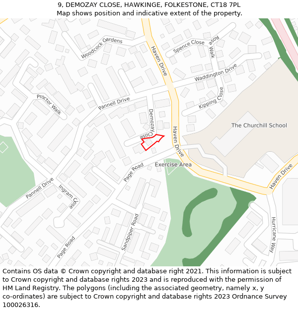 9, DEMOZAY CLOSE, HAWKINGE, FOLKESTONE, CT18 7PL: Location map and indicative extent of plot