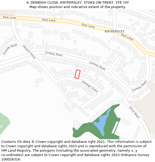 9, DENBIGH CLOSE, KNYPERSLEY, STOKE-ON-TRENT, ST8 7AY: Location map and indicative extent of plot
