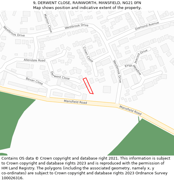 9, DERWENT CLOSE, RAINWORTH, MANSFIELD, NG21 0FN: Location map and indicative extent of plot