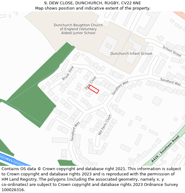 9, DEW CLOSE, DUNCHURCH, RUGBY, CV22 6NE: Location map and indicative extent of plot