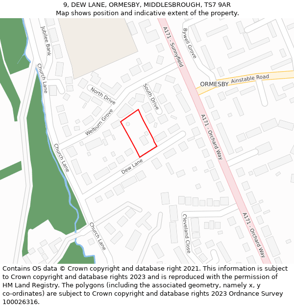 9, DEW LANE, ORMESBY, MIDDLESBROUGH, TS7 9AR: Location map and indicative extent of plot