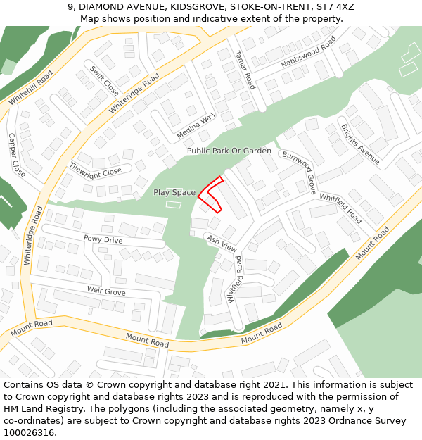 9, DIAMOND AVENUE, KIDSGROVE, STOKE-ON-TRENT, ST7 4XZ: Location map and indicative extent of plot