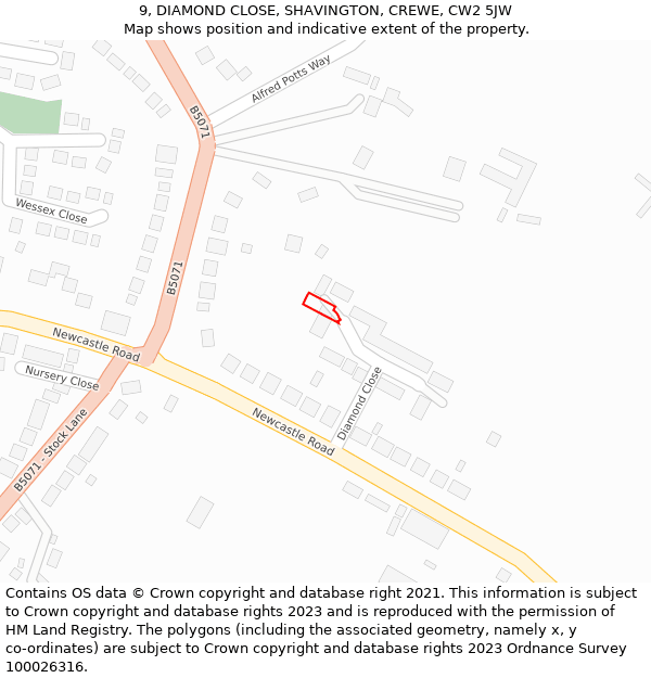 9, DIAMOND CLOSE, SHAVINGTON, CREWE, CW2 5JW: Location map and indicative extent of plot