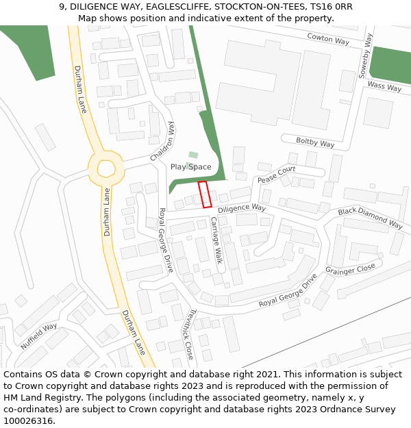 9, DILIGENCE WAY, EAGLESCLIFFE, STOCKTON-ON-TEES, TS16 0RR: Location map and indicative extent of plot