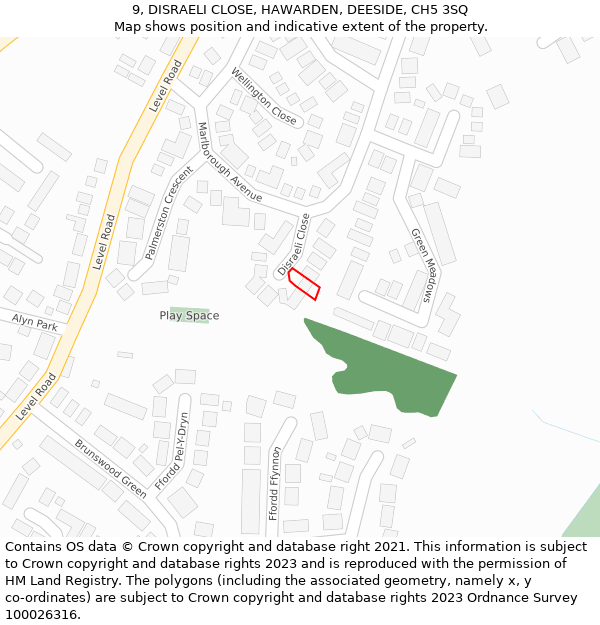 9, DISRAELI CLOSE, HAWARDEN, DEESIDE, CH5 3SQ: Location map and indicative extent of plot