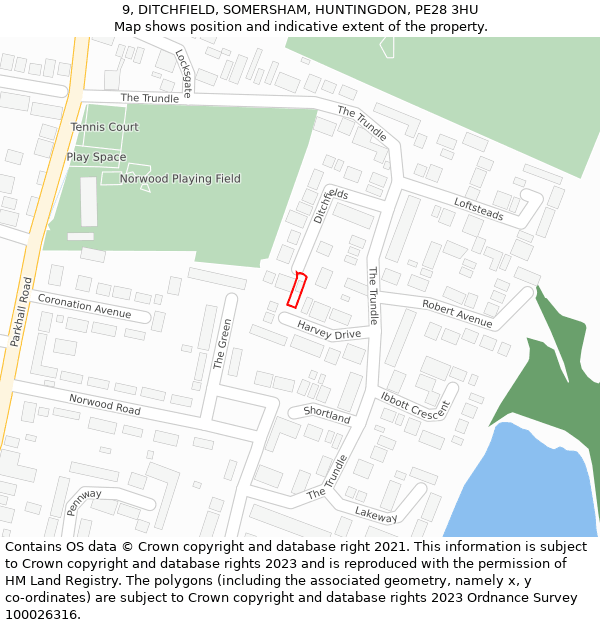 9, DITCHFIELD, SOMERSHAM, HUNTINGDON, PE28 3HU: Location map and indicative extent of plot