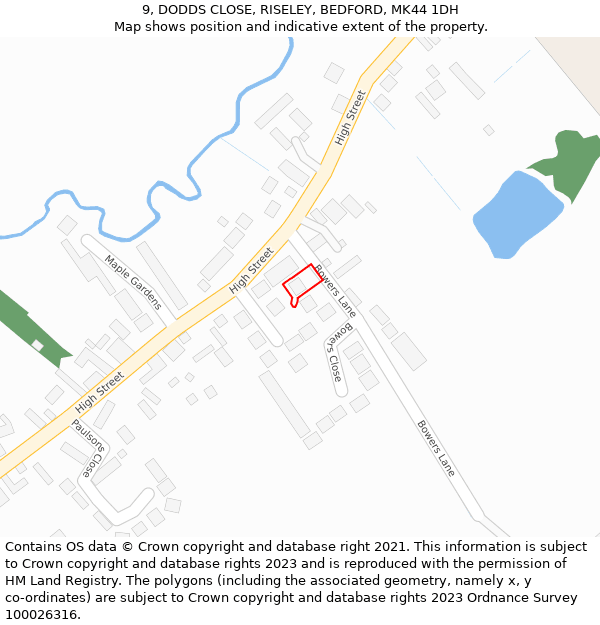 9, DODDS CLOSE, RISELEY, BEDFORD, MK44 1DH: Location map and indicative extent of plot