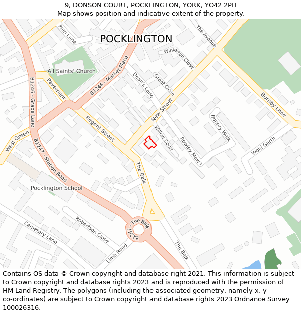 9, DONSON COURT, POCKLINGTON, YORK, YO42 2PH: Location map and indicative extent of plot