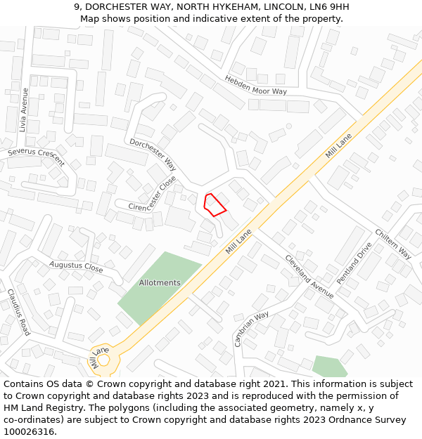 9, DORCHESTER WAY, NORTH HYKEHAM, LINCOLN, LN6 9HH: Location map and indicative extent of plot