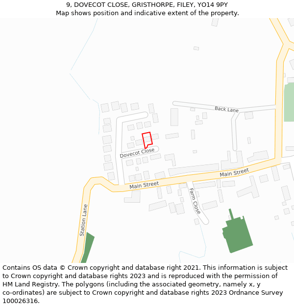9, DOVECOT CLOSE, GRISTHORPE, FILEY, YO14 9PY: Location map and indicative extent of plot
