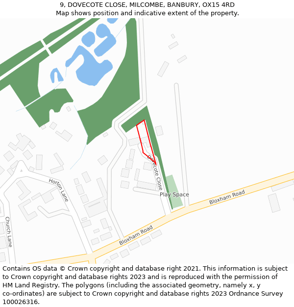 9, DOVECOTE CLOSE, MILCOMBE, BANBURY, OX15 4RD: Location map and indicative extent of plot