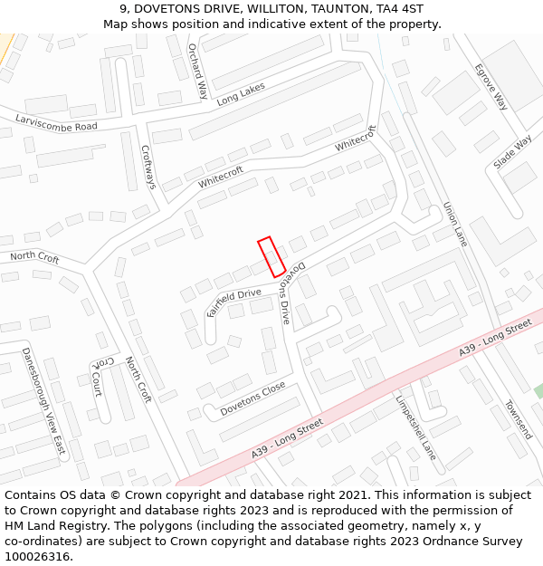 9, DOVETONS DRIVE, WILLITON, TAUNTON, TA4 4ST: Location map and indicative extent of plot