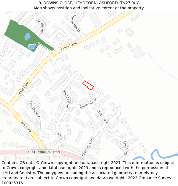 9, DOWNS CLOSE, HEADCORN, ASHFORD, TN27 9UG: Location map and indicative extent of plot