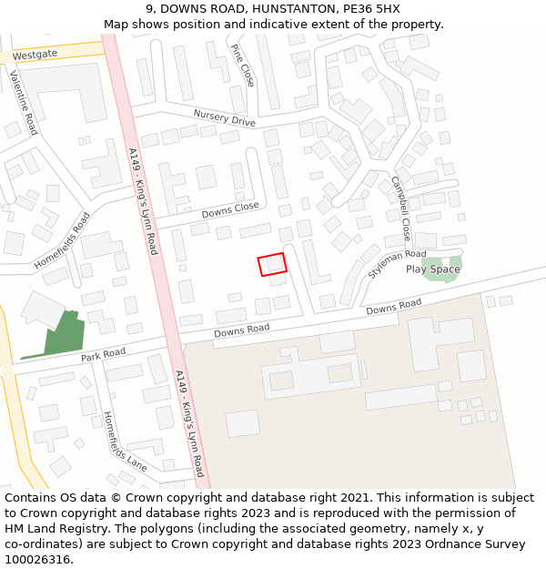 9, DOWNS ROAD, HUNSTANTON, PE36 5HX: Location map and indicative extent of plot