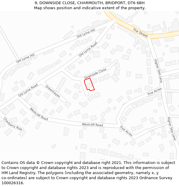 9, DOWNSIDE CLOSE, CHARMOUTH, BRIDPORT, DT6 6BH: Location map and indicative extent of plot