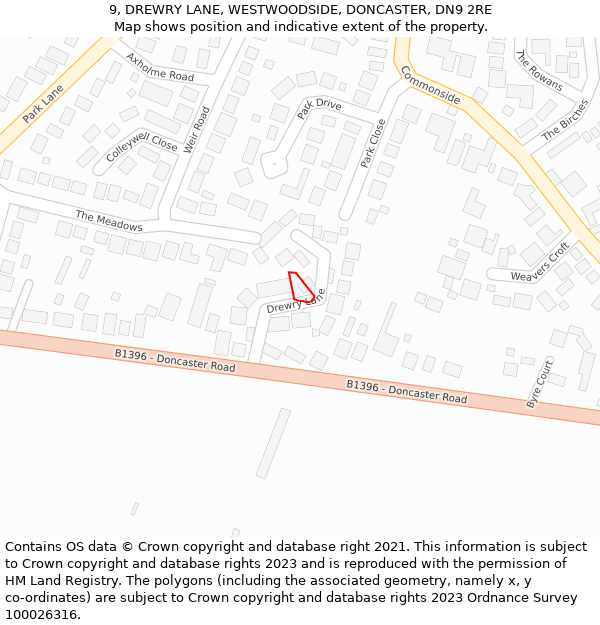 9, DREWRY LANE, WESTWOODSIDE, DONCASTER, DN9 2RE: Location map and indicative extent of plot