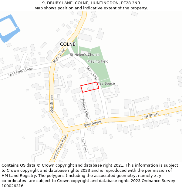9, DRURY LANE, COLNE, HUNTINGDON, PE28 3NB: Location map and indicative extent of plot
