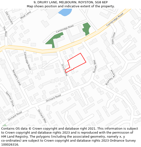 9, DRURY LANE, MELBOURN, ROYSTON, SG8 6EP: Location map and indicative extent of plot