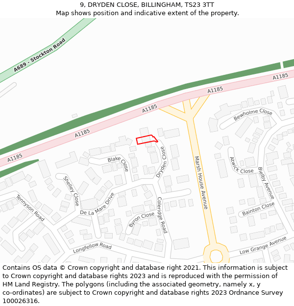 9, DRYDEN CLOSE, BILLINGHAM, TS23 3TT: Location map and indicative extent of plot