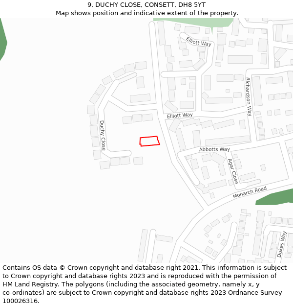9, DUCHY CLOSE, CONSETT, DH8 5YT: Location map and indicative extent of plot