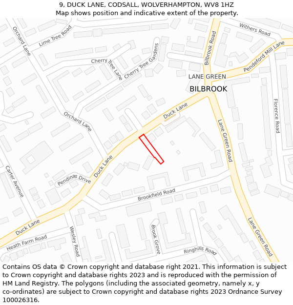 9, DUCK LANE, CODSALL, WOLVERHAMPTON, WV8 1HZ: Location map and indicative extent of plot