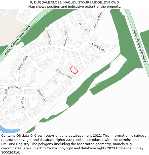 9, DUGDALE CLOSE, HAGLEY, STOURBRIDGE, DY9 0WD: Location map and indicative extent of plot