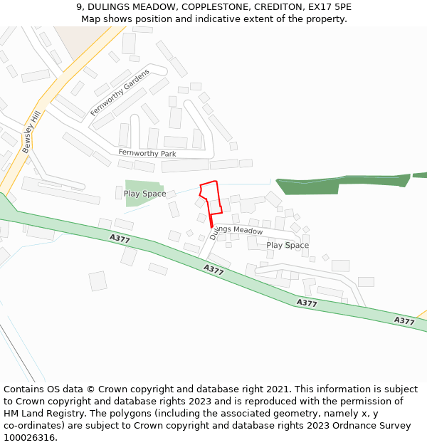 9, DULINGS MEADOW, COPPLESTONE, CREDITON, EX17 5PE: Location map and indicative extent of plot