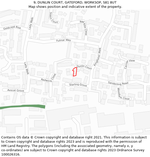 9, DUNLIN COURT, GATEFORD, WORKSOP, S81 8UT: Location map and indicative extent of plot