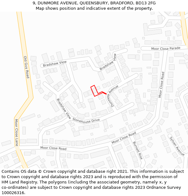 9, DUNMORE AVENUE, QUEENSBURY, BRADFORD, BD13 2FG: Location map and indicative extent of plot