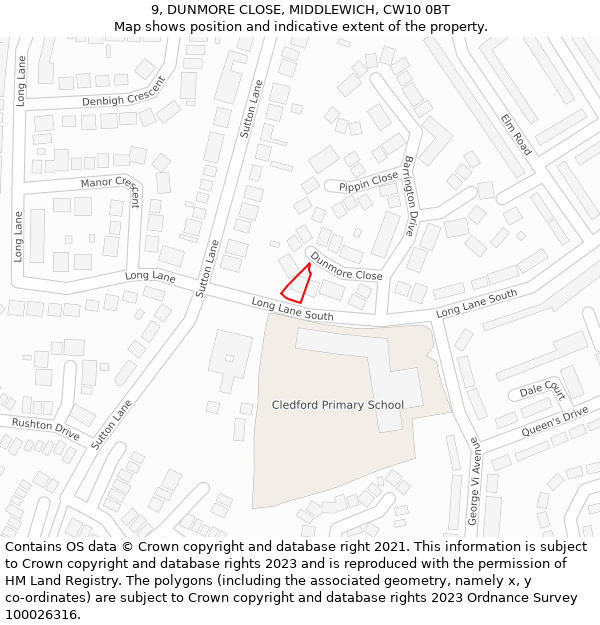 9, DUNMORE CLOSE, MIDDLEWICH, CW10 0BT: Location map and indicative extent of plot