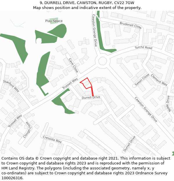 9, DURRELL DRIVE, CAWSTON, RUGBY, CV22 7GW: Location map and indicative extent of plot