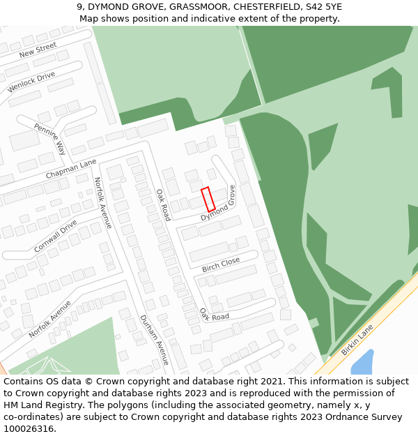 9, DYMOND GROVE, GRASSMOOR, CHESTERFIELD, S42 5YE: Location map and indicative extent of plot