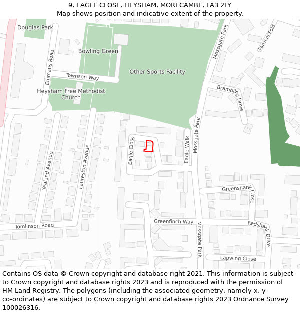 9, EAGLE CLOSE, HEYSHAM, MORECAMBE, LA3 2LY: Location map and indicative extent of plot