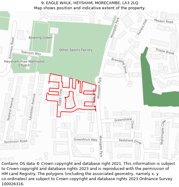 9, EAGLE WALK, HEYSHAM, MORECAMBE, LA3 2LQ: Location map and indicative extent of plot