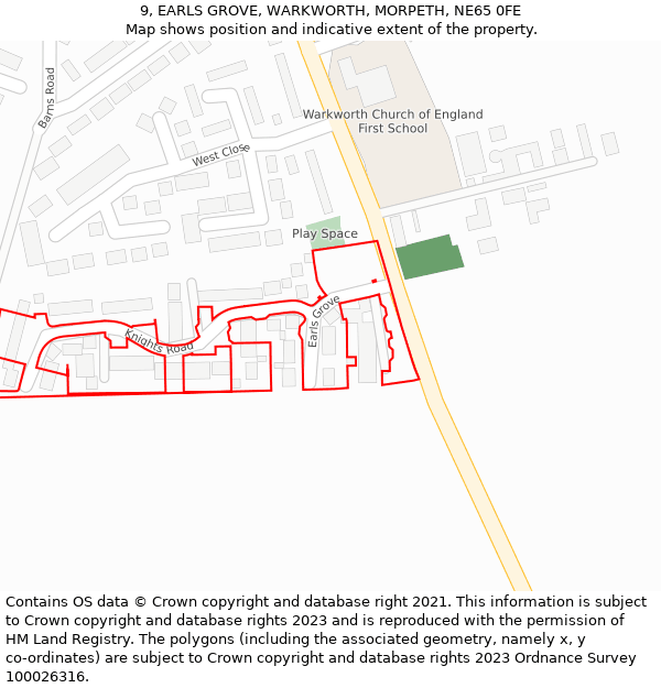 9, EARLS GROVE, WARKWORTH, MORPETH, NE65 0FE: Location map and indicative extent of plot