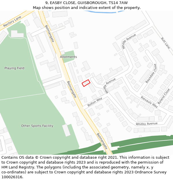 9, EASBY CLOSE, GUISBOROUGH, TS14 7AW: Location map and indicative extent of plot