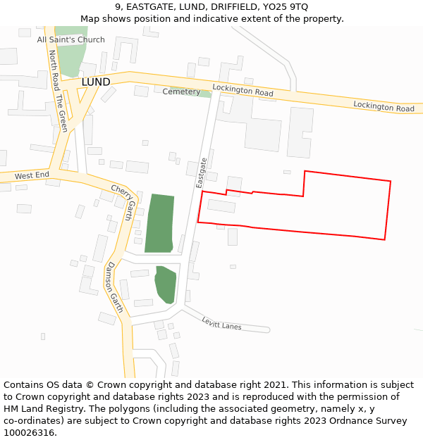 9, EASTGATE, LUND, DRIFFIELD, YO25 9TQ: Location map and indicative extent of plot