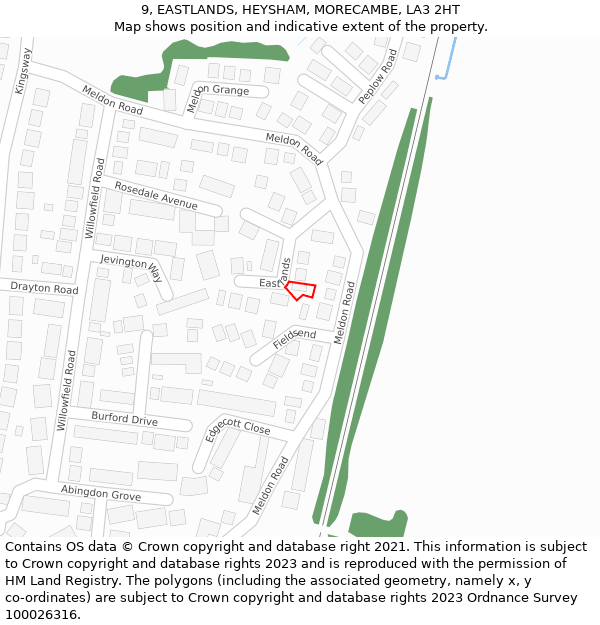 9, EASTLANDS, HEYSHAM, MORECAMBE, LA3 2HT: Location map and indicative extent of plot