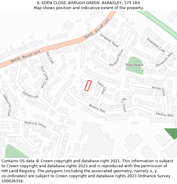 9, EDEN CLOSE, BARUGH GREEN, BARNSLEY, S75 1RA: Location map and indicative extent of plot