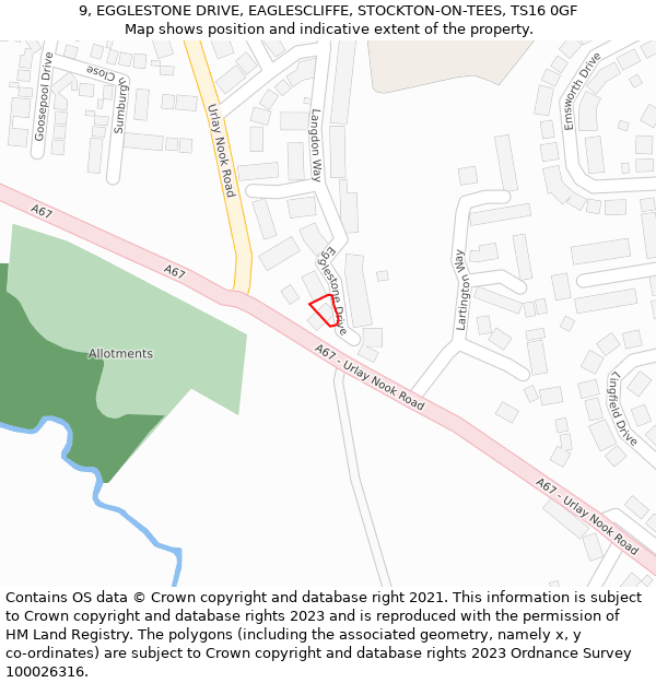 9, EGGLESTONE DRIVE, EAGLESCLIFFE, STOCKTON-ON-TEES, TS16 0GF: Location map and indicative extent of plot