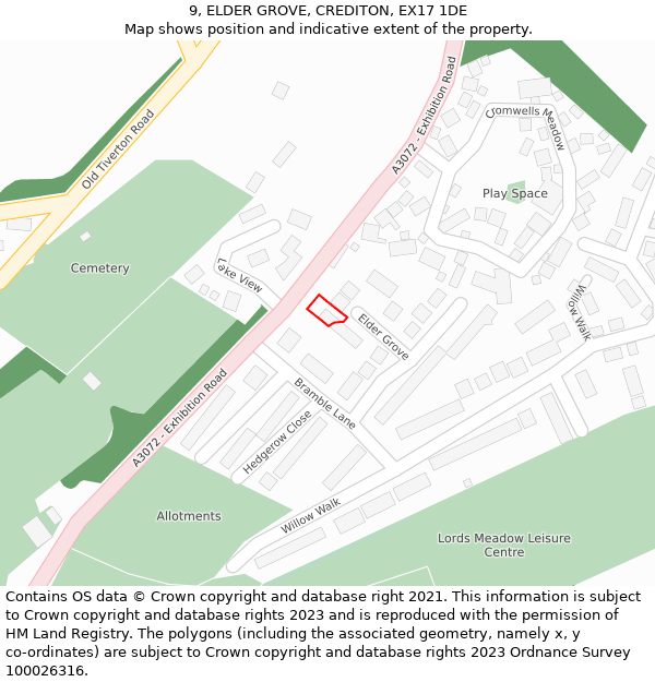 9, ELDER GROVE, CREDITON, EX17 1DE: Location map and indicative extent of plot