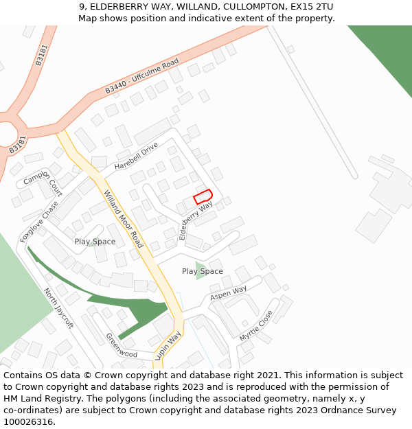 9, ELDERBERRY WAY, WILLAND, CULLOMPTON, EX15 2TU: Location map and indicative extent of plot