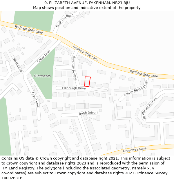 9, ELIZABETH AVENUE, FAKENHAM, NR21 8JU: Location map and indicative extent of plot