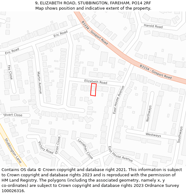 9, ELIZABETH ROAD, STUBBINGTON, FAREHAM, PO14 2RF: Location map and indicative extent of plot