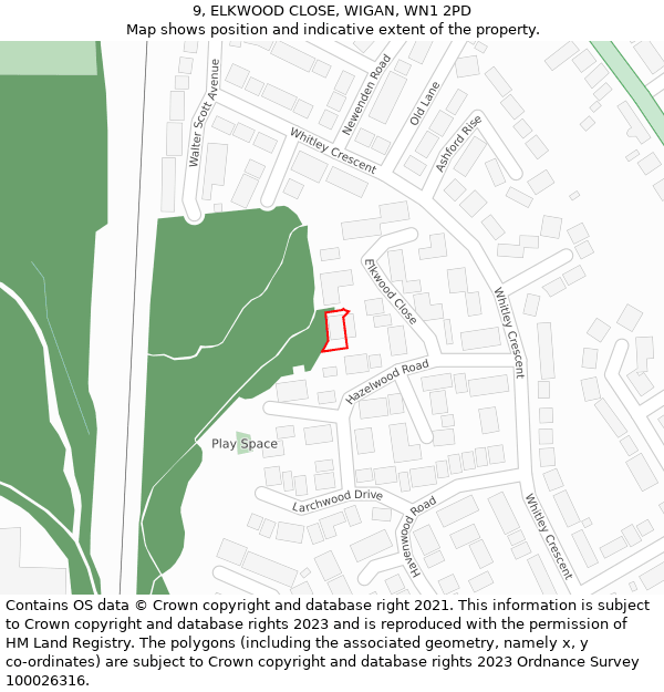 9, ELKWOOD CLOSE, WIGAN, WN1 2PD: Location map and indicative extent of plot