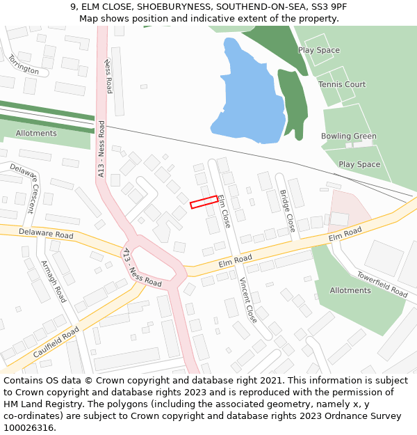 9, ELM CLOSE, SHOEBURYNESS, SOUTHEND-ON-SEA, SS3 9PF: Location map and indicative extent of plot