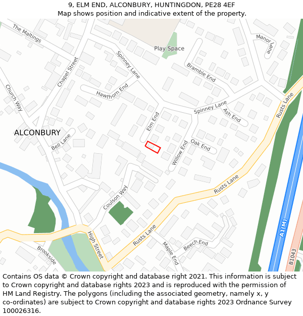 9, ELM END, ALCONBURY, HUNTINGDON, PE28 4EF: Location map and indicative extent of plot