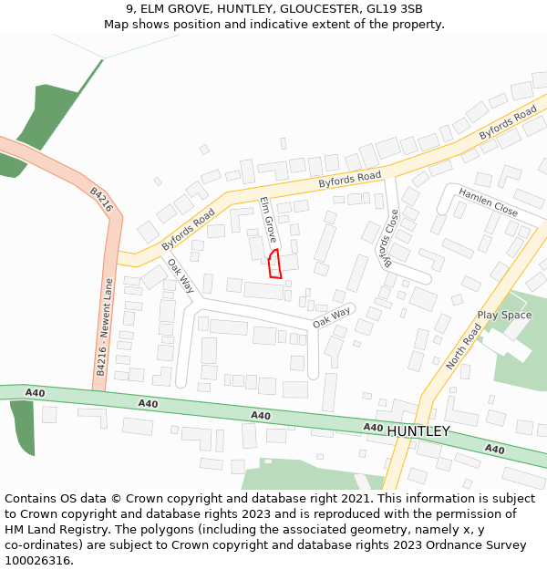 9, ELM GROVE, HUNTLEY, GLOUCESTER, GL19 3SB: Location map and indicative extent of plot