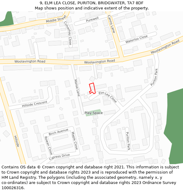 9, ELM LEA CLOSE, PURITON, BRIDGWATER, TA7 8DF: Location map and indicative extent of plot