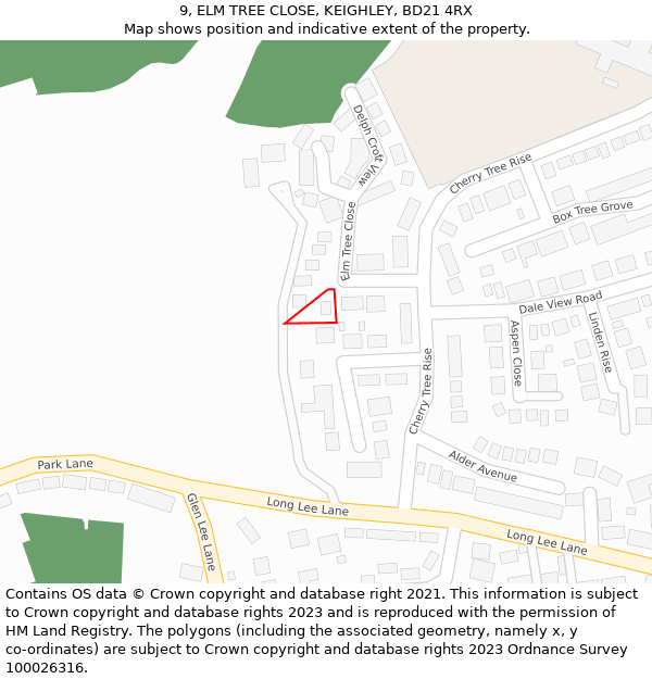 9, ELM TREE CLOSE, KEIGHLEY, BD21 4RX: Location map and indicative extent of plot